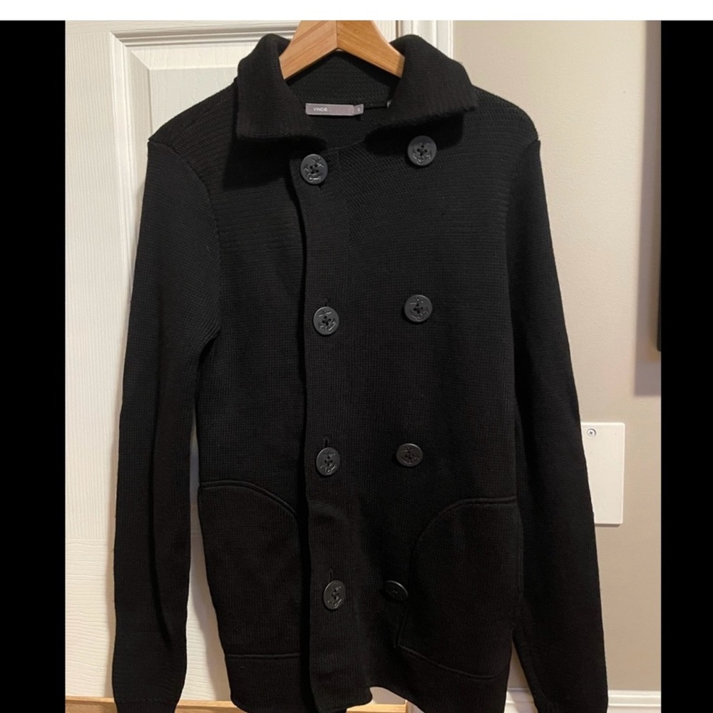 Vince Men's Black Double-Breasted Pea Coat Cardigan